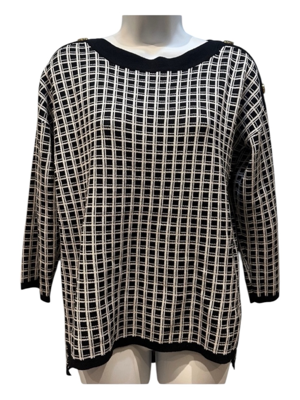 Cable and Gauge Geometric Black and White Grid Pattern Sweater Large